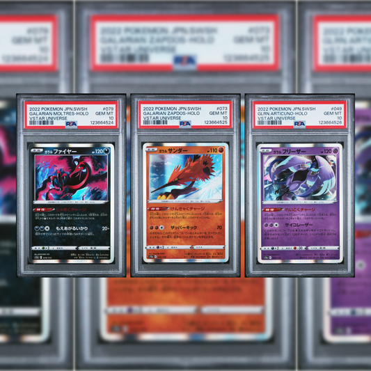 2022 Japanese Galarian Moltres-Holo #079, Galarian Zapdos-Holo #073 & GLRN. Articuno-Holo #049 Set PSA 10